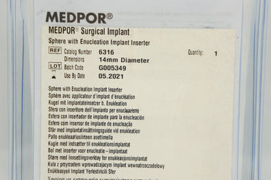 Medpor 6316 Surgical Implant Sphere with Enucleation Implant Inserter 14mm (x)